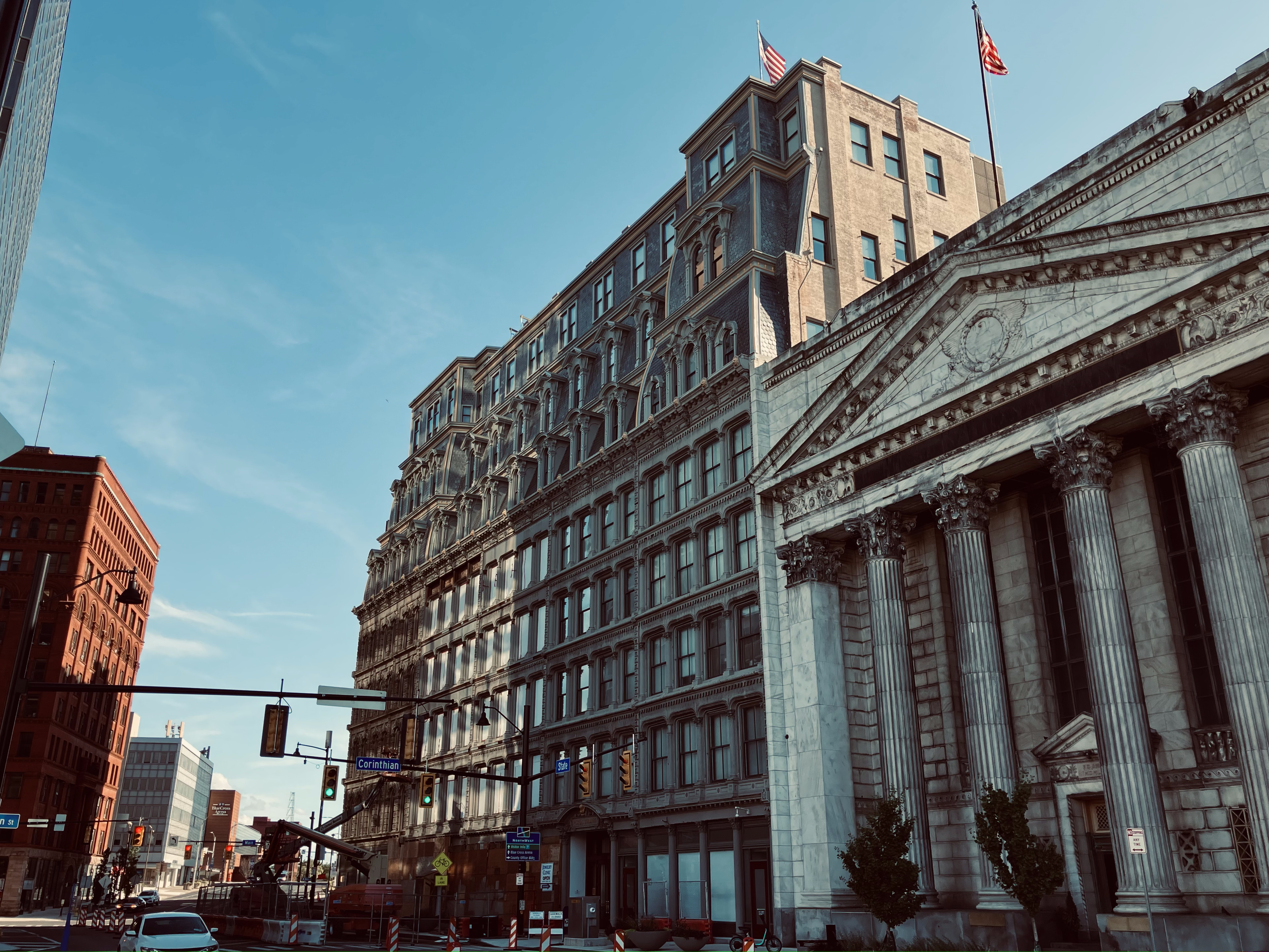 A vintage postcard-esque view of Rochester's Powers Building.